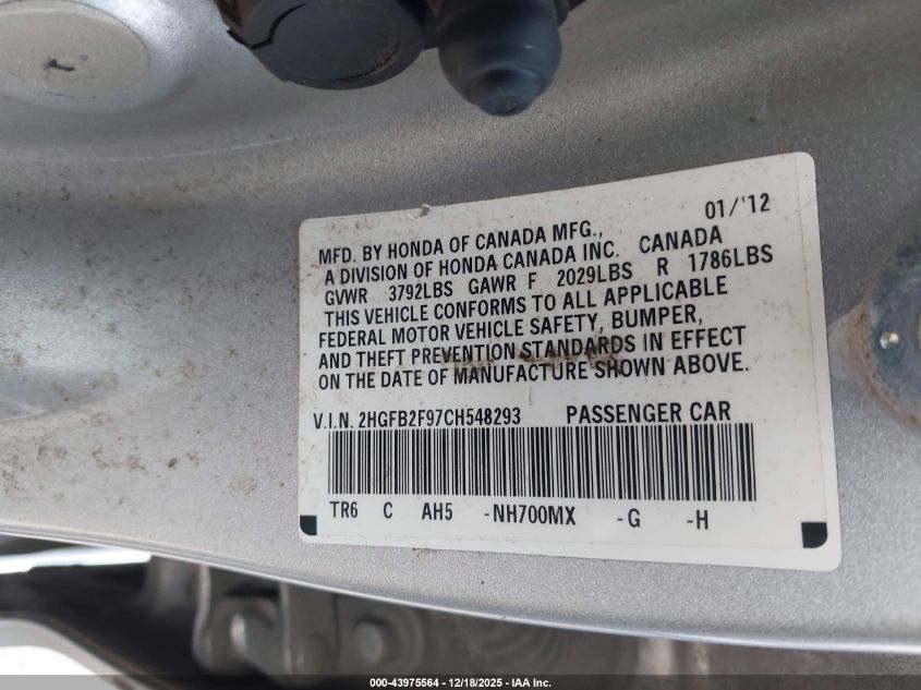 2012 Honda Civic Ex-L VIN: 2HGFB2F97CH548293 Lot: 43975564