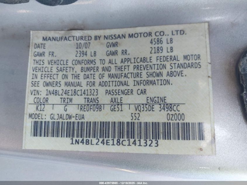 2008 Nissan Altima 3.5 Se VIN: 1N4BL24E18C141323 Lot: 43975565