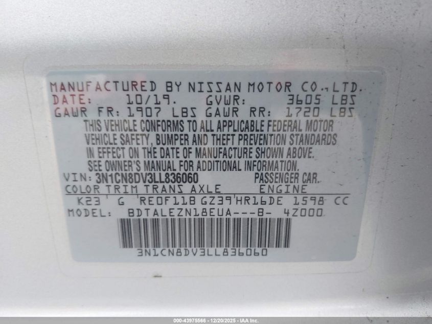 2020 Nissan Versa S Xtronic Cvt VIN: 3N1CN8DV3LL836060 Lot: 43975566