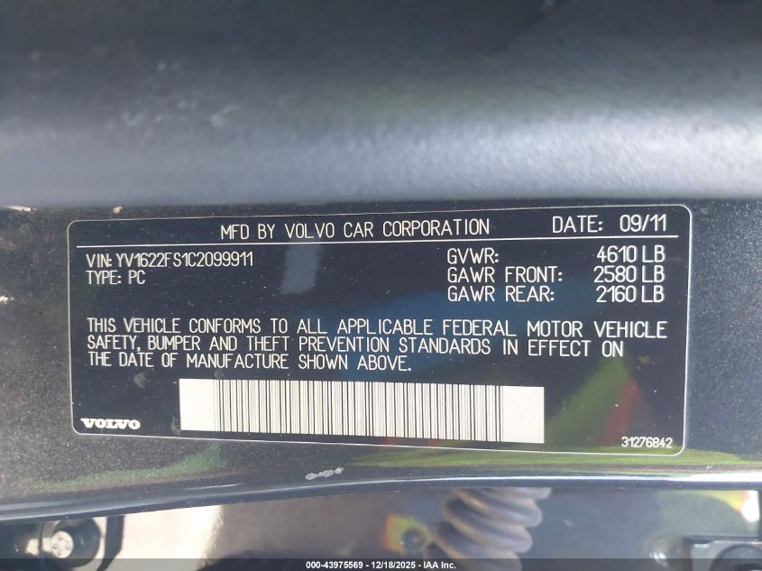 2012 Volvo S60 T5 VIN: YV1622FS1C2099911 Lot: 43975569