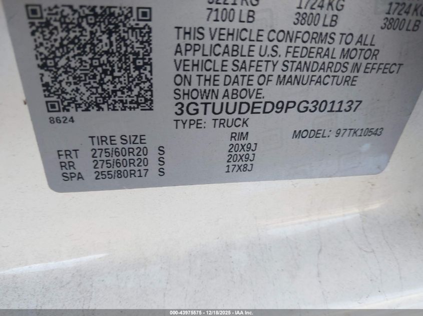 2023 GMC Sierra 1500 4Wd Short Box Slt VIN: 3GTUUDED9PG301137 Lot: 43975575