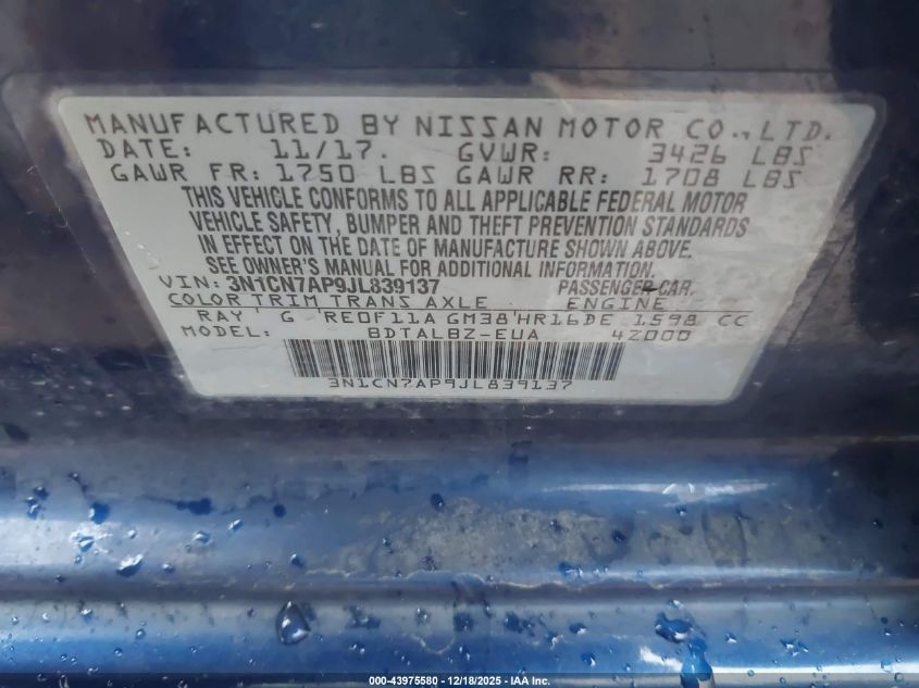 2018 Nissan Versa 1.6 Sv VIN: 3N1CN7AP9JL839137 Lot: 43975580