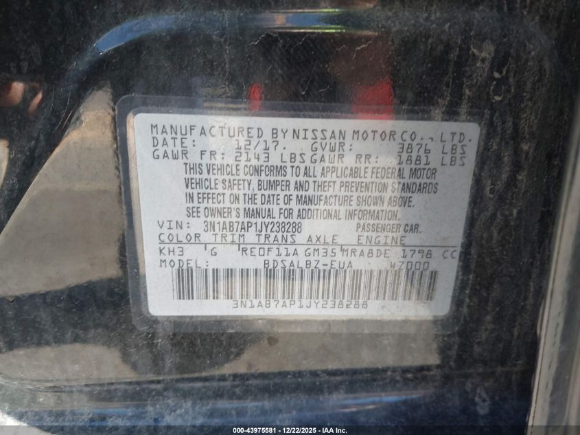 2018 Nissan Sentra S VIN: 3N1AB7AP1JY238288 Lot: 43975581