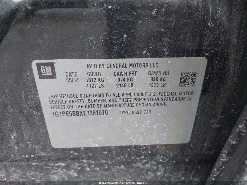 2014 Chevrolet Cruze 2Lt Auto VIN: 1G1PE5SBXE7381570 Lot: 43975582