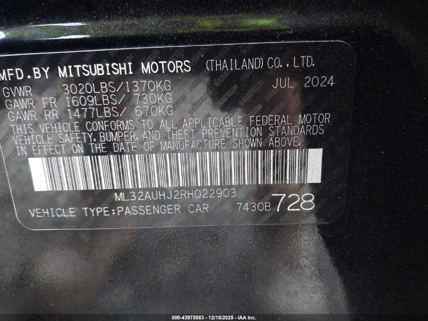 2024 Mitsubishi Mirage Es/Le VIN: ML32AUHJ2RH022903 Lot: 43975583