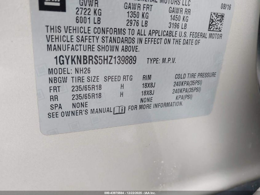 2017 Cadillac Xt5 Luxury VIN: 1GYKNBRS5HZ139889 Lot: 43975584