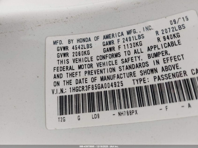 2016 Honda Accord Ex-L V-6 VIN: 1HGCR3F85GA004925 Lot: 43975585