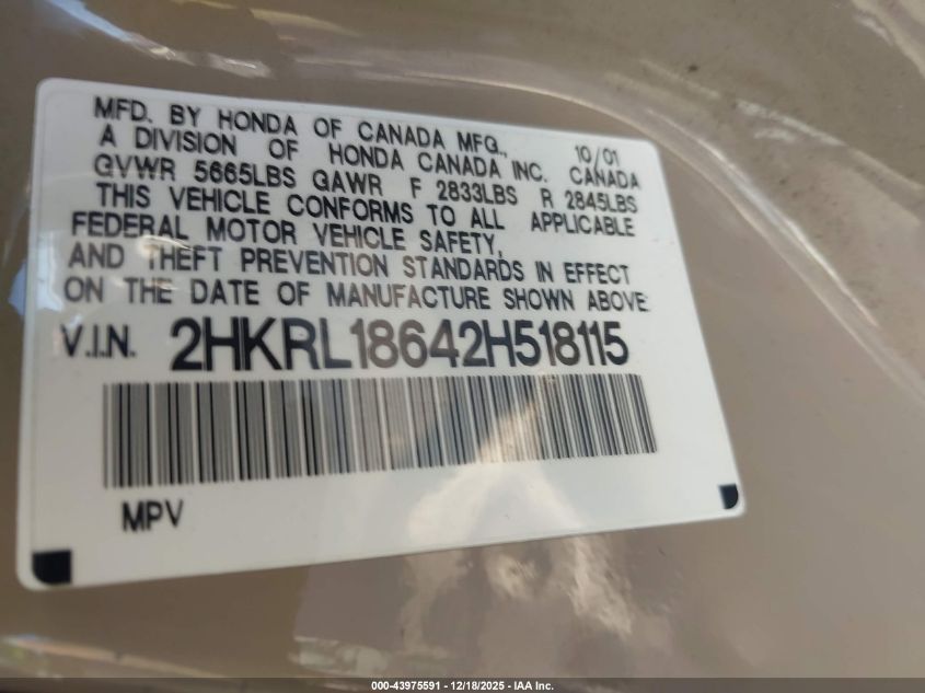 2002 Honda Odyssey Ex VIN: 2HKRL18642H518115 Lot: 43975591