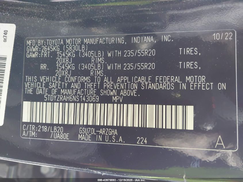 2022 Toyota Highlander Limited VIN: 5TDYZRAH6NS143069 Lot: 43975593