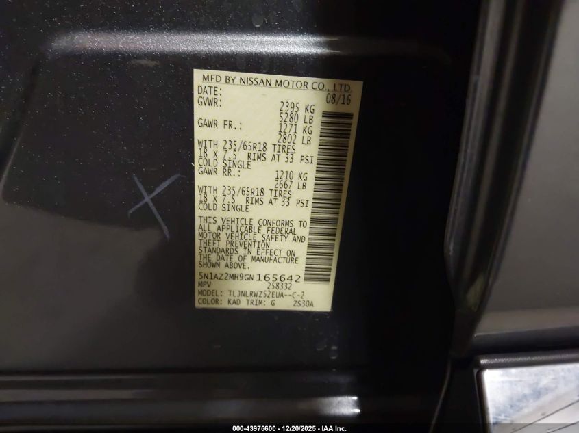 2016 Nissan Murano Sl VIN: 5N1AZ2MH9GN165642 Lot: 43975600