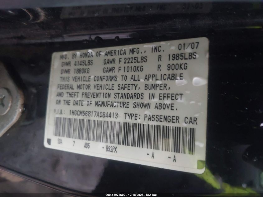 2007 Honda Accord 2.4 Ex VIN: 1HGCM56817A084413 Lot: 43975602