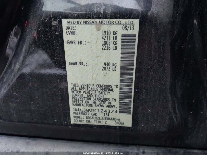 2014 Nissan Altima 2.5 Sl VIN: 1N4AL3AP2EC124324 Lot: 43975606