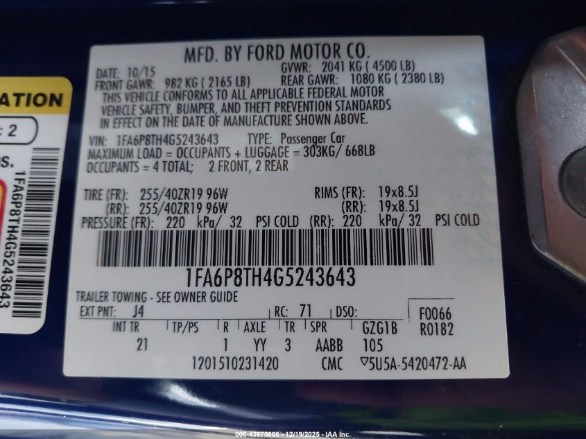 2016 Ford Mustang Ecoboost VIN: 1FA6P8TH4G5243643 Lot: 43975608