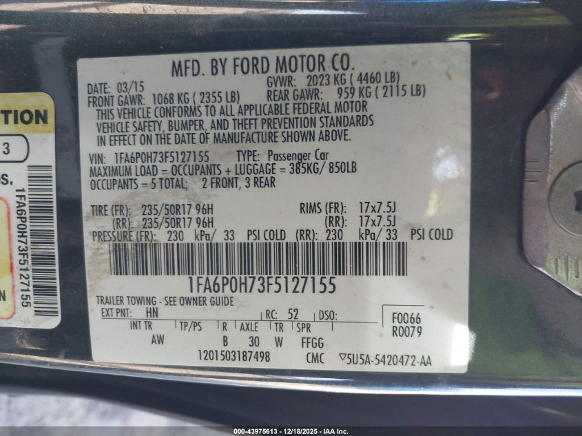 2015 Ford Fusion Se VIN: 1FA6P0H73F5127155 Lot: 43975613