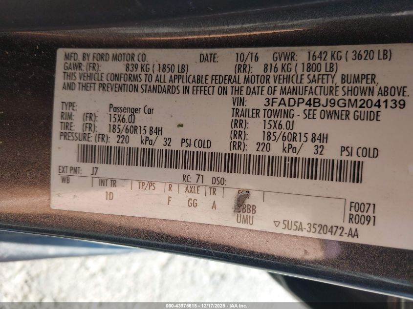 2016 Ford Fiesta Se VIN: 3FADP4BJ9GM204139 Lot: 43975615