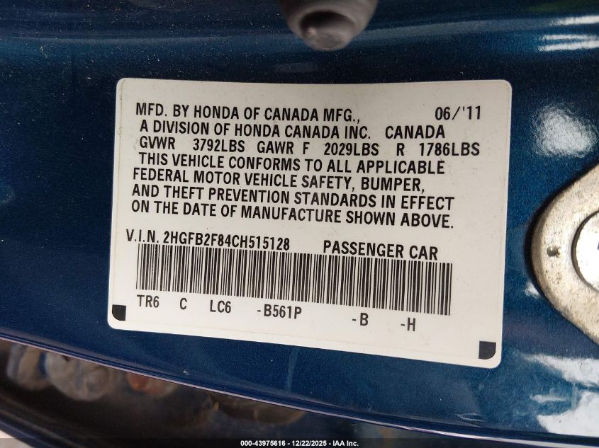 2012 Honda Civic Ex VIN: 2HGFB2F84CH515128 Lot: 43975616