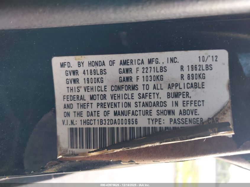 2013 Honda Accord Lx-S VIN: 1HGCT1B32DA000956 Lot: 43975625