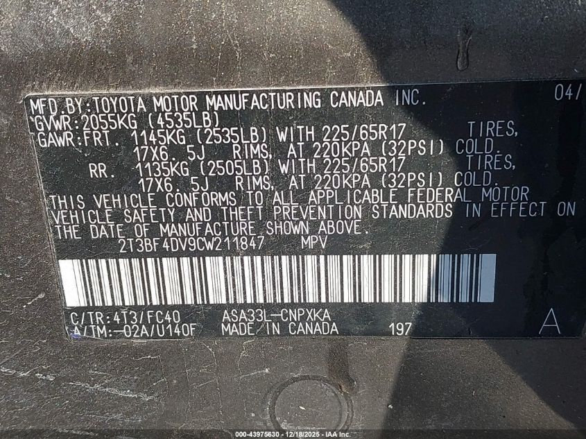 2012 Toyota Rav4 VIN: 2T3BF4DV9CW211847 Lot: 43975630