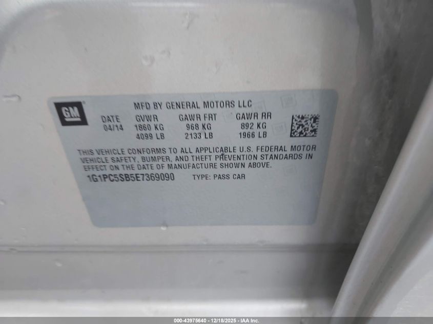2014 Chevrolet Cruze 1Lt Auto VIN: 1G1PC5SB5E7369090 Lot: 43975640