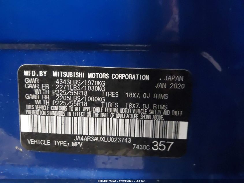 2020 Mitsubishi Outlander Sport 2.0 Be Awc/2.0 Es Awc/2.0 Se Awc/2.0 Sp Awc VIN: JA4AR3AUXLU023743 Lot: 43975641