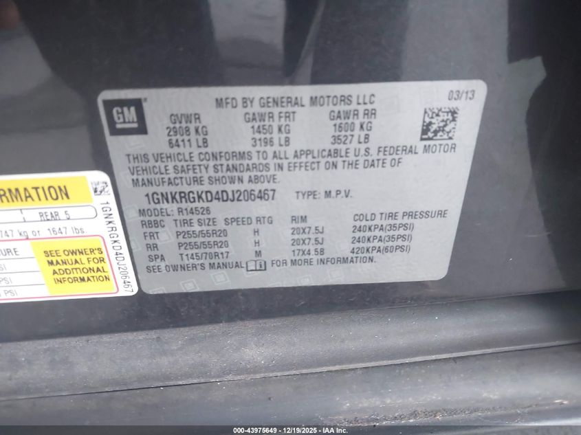 2013 Chevrolet Traverse 1Lt VIN: 1GNKRGKD4DJ206467 Lot: 43975649