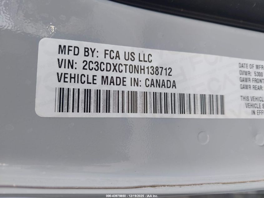 2022 Dodge Charger R/T VIN: 2C3CDXCT0NH138712 Lot: 43975650