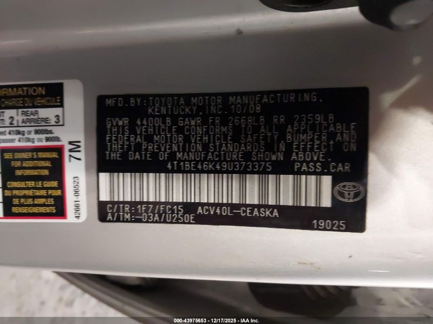2009 Toyota Camry Se VIN: 4T1BE46K49U373375 Lot: 43975653