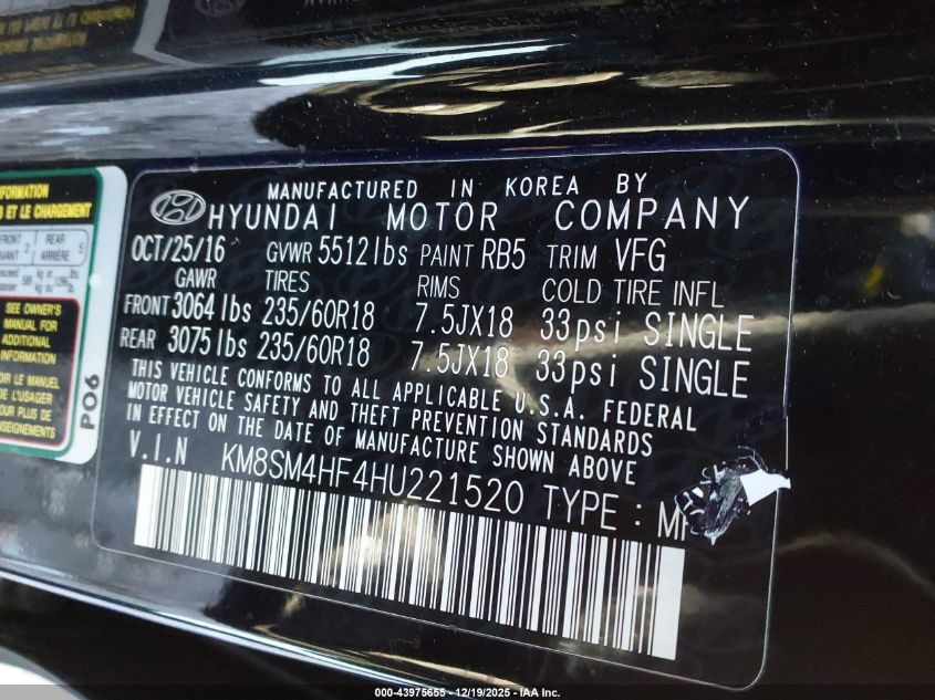 2017 Hyundai Santa Fe Se VIN: KM8SM4HF4HU221520 Lot: 43975655