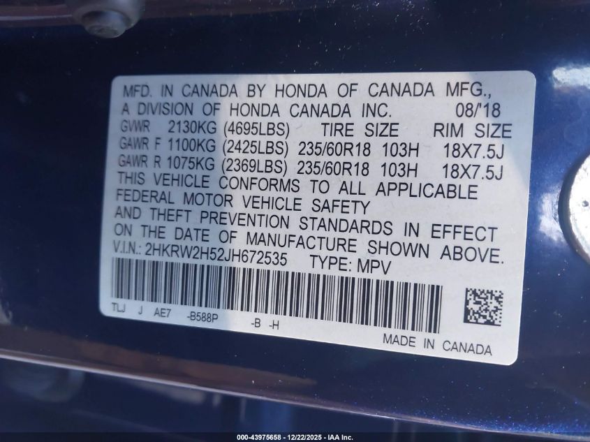 2018 Honda Cr-V Ex VIN: 2HKRW2H52JH672535 Lot: 43975658