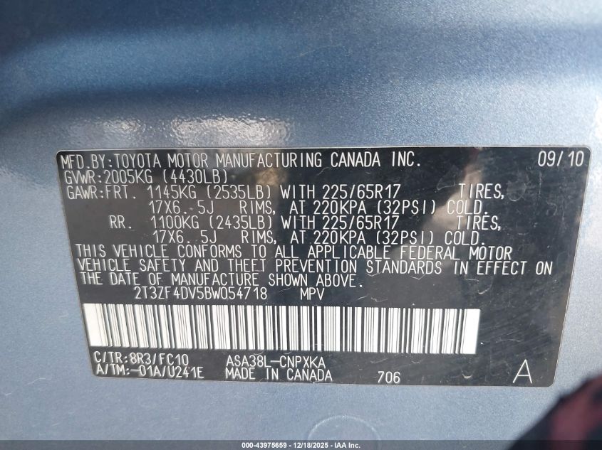 2011 Toyota Rav4 VIN: 2T3ZF4DV5BW054718 Lot: 43975659