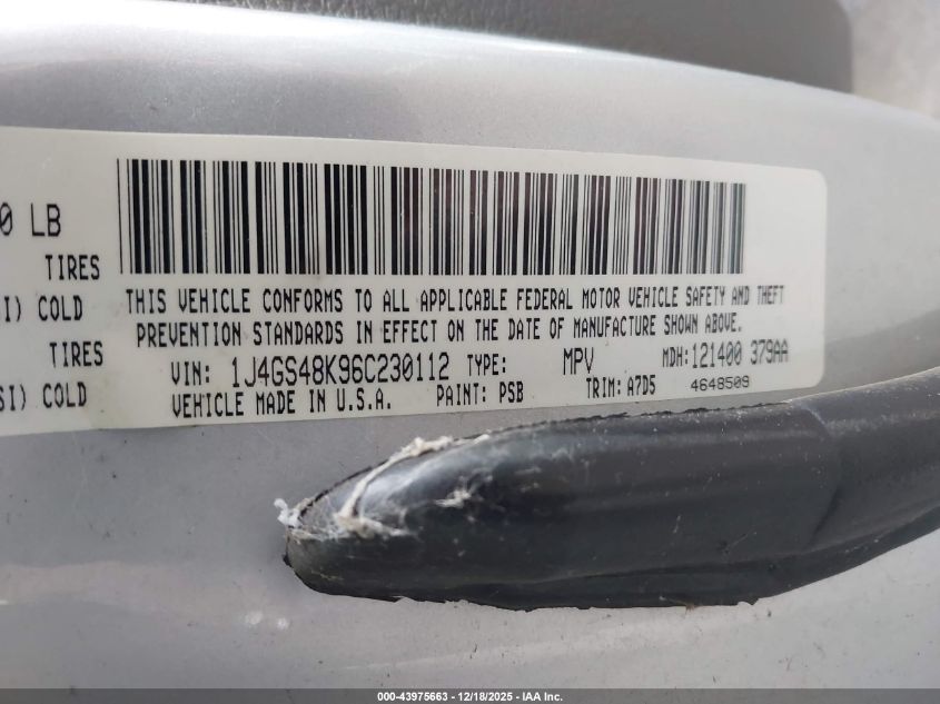 2006 Jeep Grand Cherokee Laredo VIN: 1J4GS48K96C230112 Lot: 43975663
