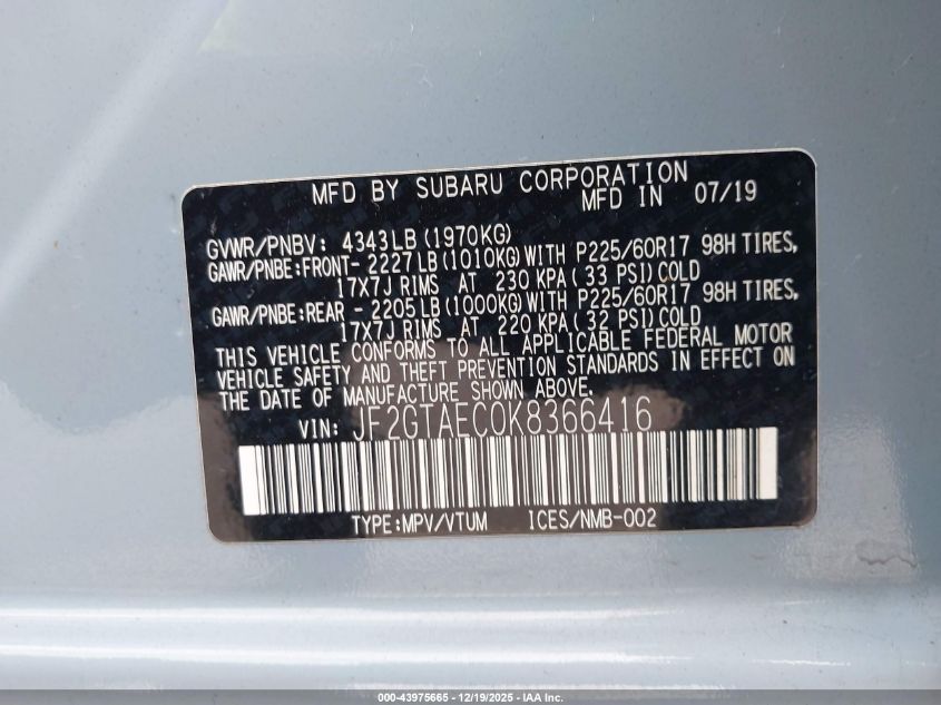 2019 Subaru Crosstrek 2.0I Premium VIN: JF2GTAEC0K8366416 Lot: 43975665