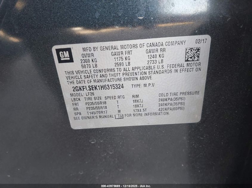 2017 GMC Terrain Sle-1 VIN: 2GKFLSEK1H6315324 Lot: 43975669