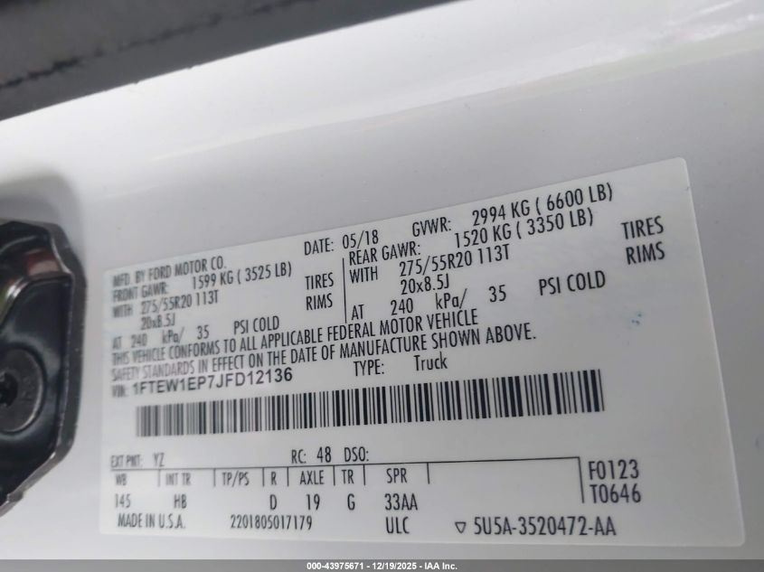 2018 Ford F-150 Lariat VIN: 1FTEW1EP7JFD12136 Lot: 43975671