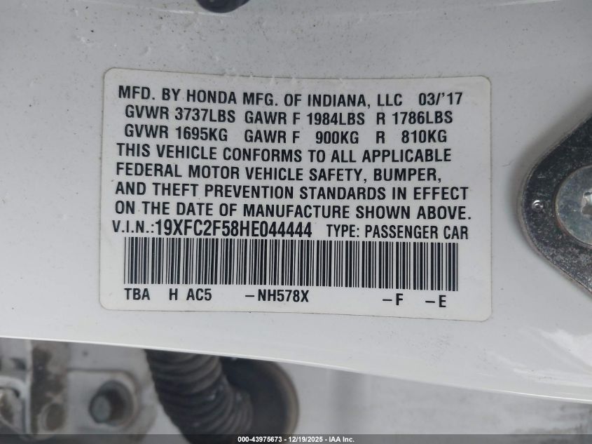 2017 Honda Civic Lx VIN: 19XFC2F58HE044444 Lot: 43975673