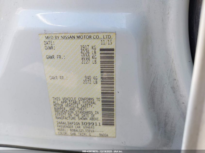 2016 Nissan Altima 2.5/2.5 S/2.5 Sl/2.5 Sr/2.5 Sv VIN: 1N4AL3AP1GN309911 Lot: 43975676