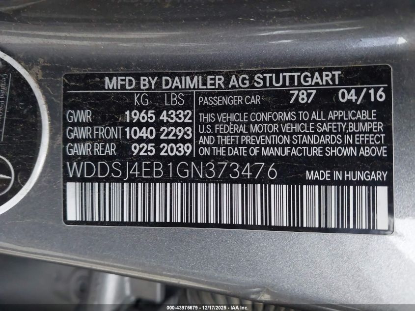 2016 Mercedes-Benz Cla 250 VIN: WDDSJ4EB1GN373476 Lot: 43975679