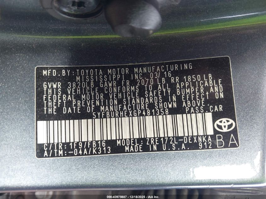 2016 Toyota Corolla Le VIN: 5YFBURHEXGP481358 Lot: 43975687