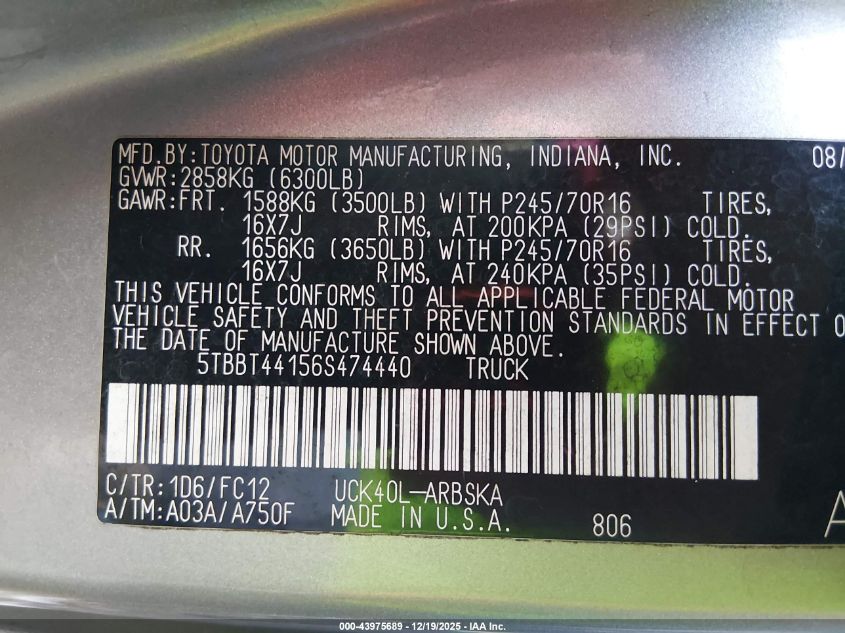 2006 Toyota Tundra Sr5 V8 VIN: 5TBBT44156S474440 Lot: 43975689