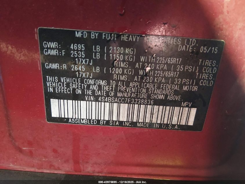 2015 Subaru Outback 2.5I Premium VIN: 4S4BSACC7F3338836 Lot: 43975695