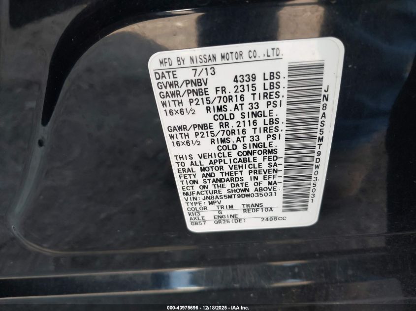 2013 Nissan Rogue S VIN: JN8AS5MT9DW035031 Lot: 43975696