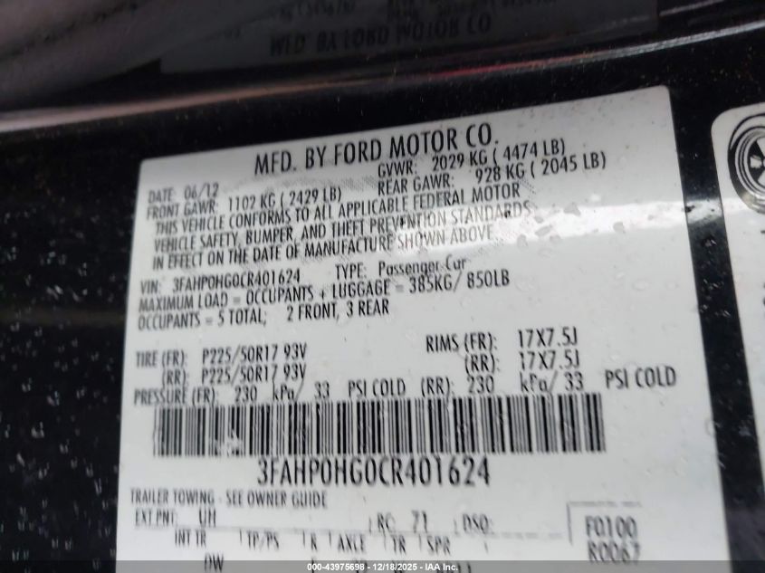 2012 Ford Fusion Se VIN: 3FAHP0HG0CR401624 Lot: 43975698