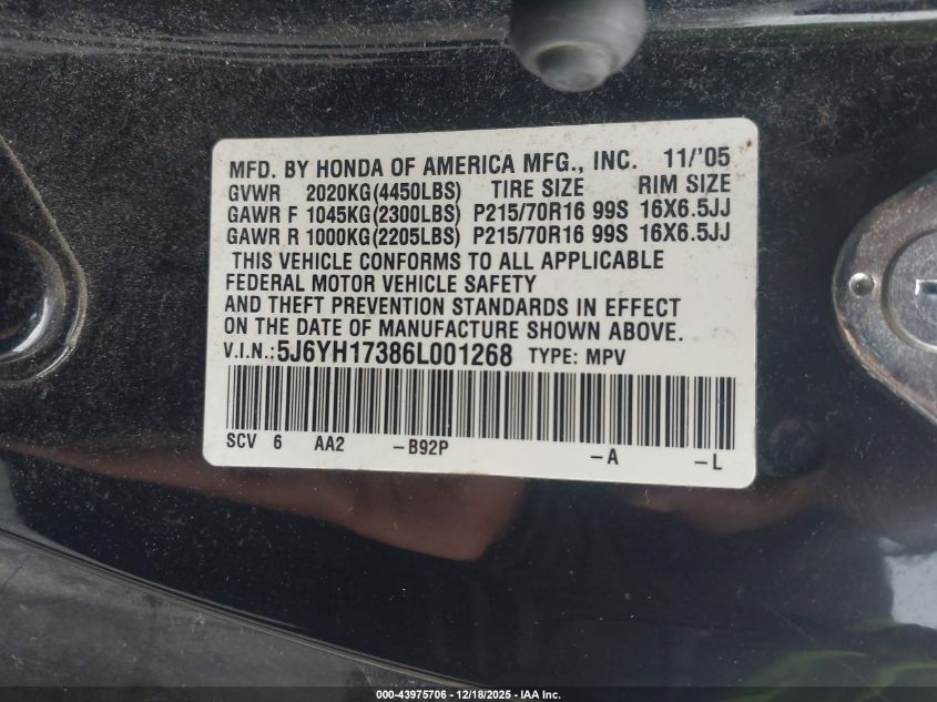 2006 Honda Element Lx VIN: 5J6YH17386L001268 Lot: 43975706