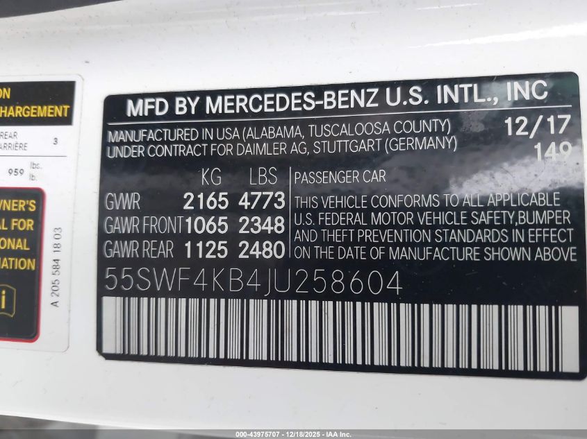 2018 Mercedes-Benz C 300 4Matic VIN: 55SWF4KB4JU258604 Lot: 43975707
