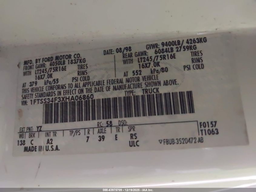 1999 Ford E-350 Super Duty Commercial/Recreational VIN: 1FTSS34F3XHA06860 Lot: 43975709