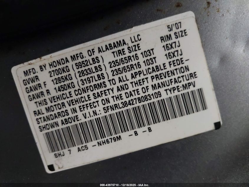 2007 Honda Odyssey Ex VIN: 5FNRL38427B083109 Lot: 43975710