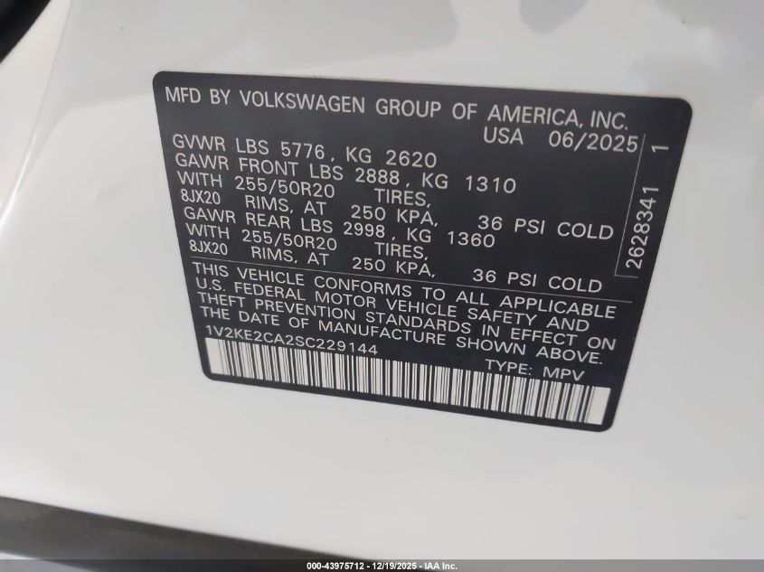 2025 Volkswagen Atlas Cross Sport 2.0T Se W/Technology VIN: 1V2KE2CA2SC229144 Lot: 43975712