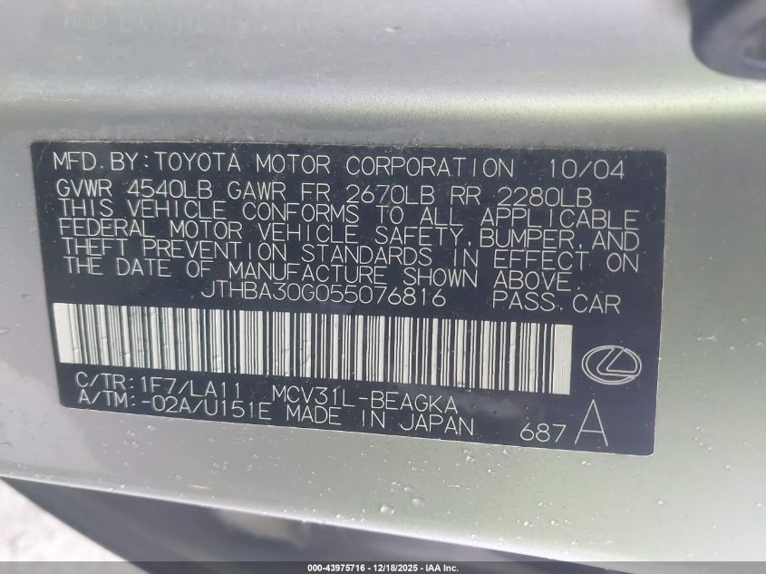 2005 Lexus Es 330 VIN: JTHBA30G055076816 Lot: 43975716