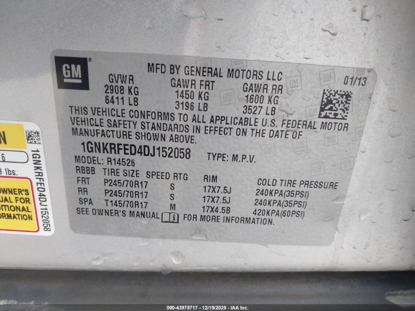 2013 Chevrolet Traverse Ls VIN: 1GNKRFED4DJ152058 Lot: 43975717