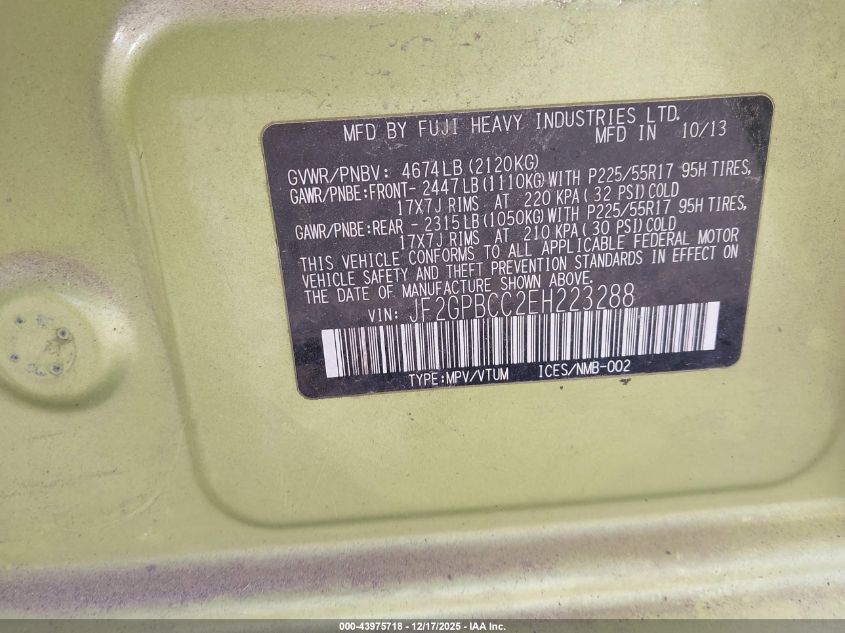 2014 Subaru Xv Crosstrek Hybrid 2.0I VIN: JF2GPBCC2EH223288 Lot: 43975718